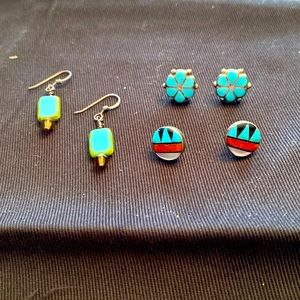 Turquoise, sterling, silver, and Onyx earrings. Studs